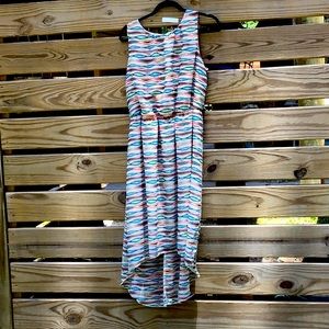 CATO 14-16W CREAM COLORED HIGH LOW DRESS WITH TURQUOISE,ORANGE AND BROWN AZTEC